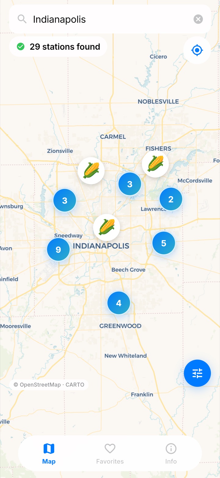 E85 Scout map showing corn-marker E85 stations and clusters around Indianapolis